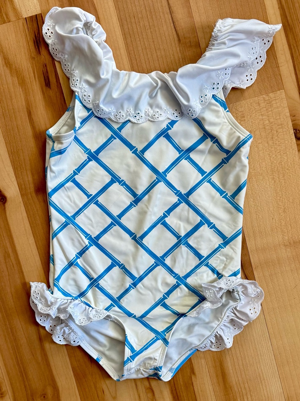 The Beaufort Bonnet Company White and Blue Ruffle One-Piece Swimsuit